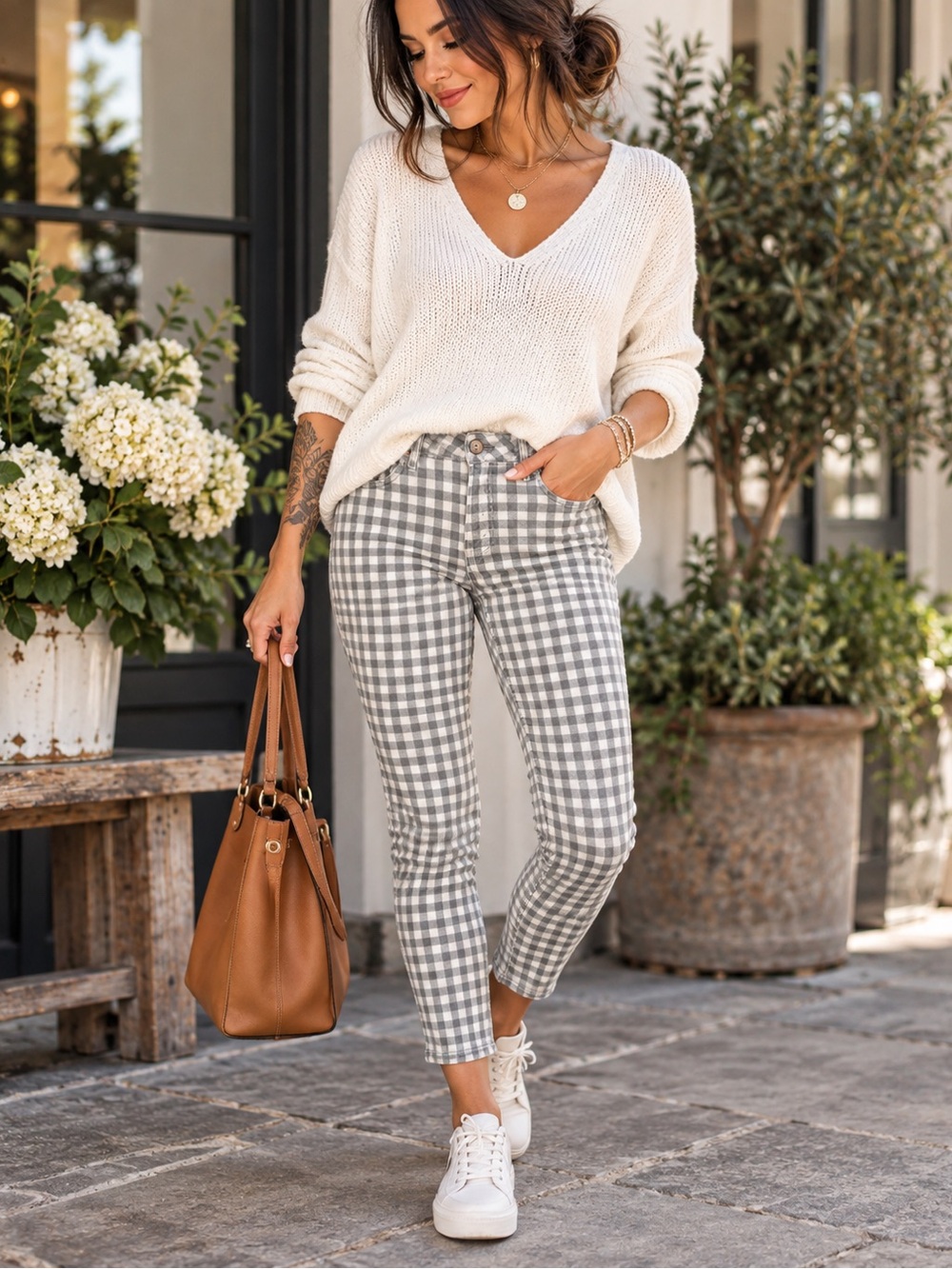 PAIGE Gray White Gingham Check Skinny Ankle Jeans Pants Size 32
